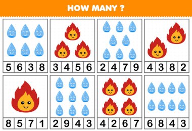 Education game for children counting how many cute cartoon fire or water in each table printable nature worksheet