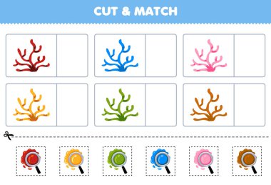 Education game for children cut and match the same color of cute cartoon coral printable nature worksheet