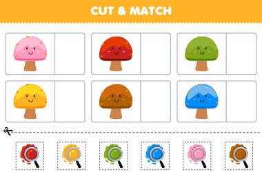 Education game for children cut and match the same color of cute cartoon mushroom printable nature worksheet