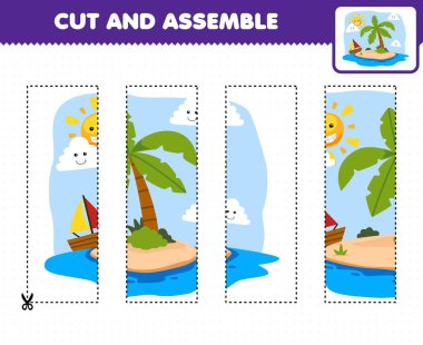 Education game for children cutting practice and assemble puzzle with cute cartoon island printable nature worksheet