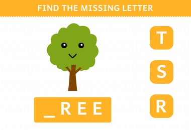 Education game for children find missing letter of cute cartoon tree printable nature worksheet