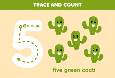 Education game for children tracing number five and counting of cute cartoon cactus printable nature worksheet