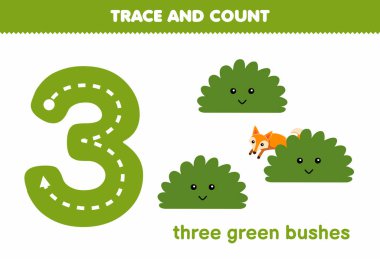 Education game for children tracing number three and counting of cute cartoon green bush printable nature worksheet