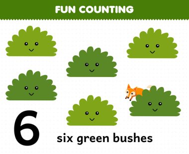 Education game for children fun counting six green bushes printable nature worksheet
