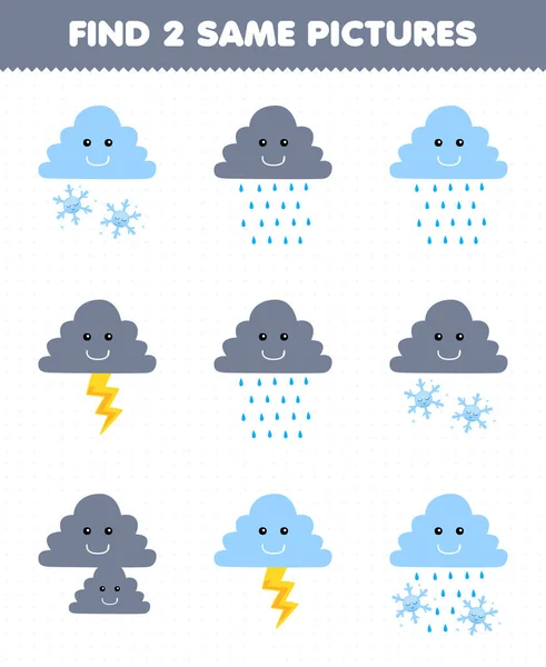 子供のための教育ゲームは雪の結晶水や雷印刷可能な自然ワークシートとかわいい漫画の雲の2つの同じ写真を見つける — ストックベクタ