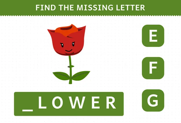 Education Game Children Find Missing Letter Cute Cartoon Flower Printable — Stock Vector