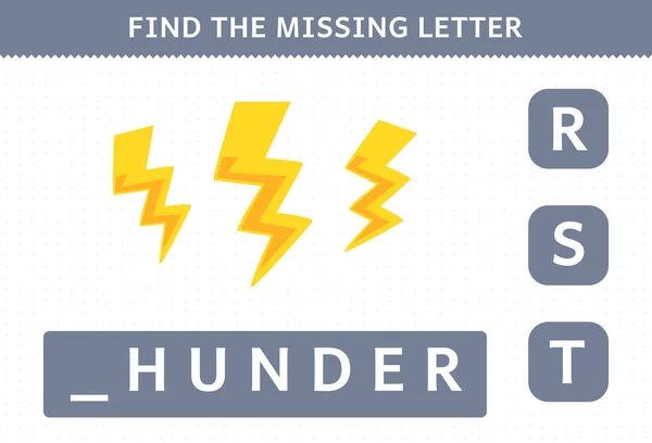 Education Game Children Find Missing Letter Cute Cartoon Thunder Printable — Stock Vector