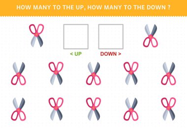 Education game for children counting how many up and down picture of cute cartoon scissor printable tool worksheet