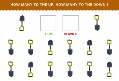 Education game for children counting how many up and down picture of cute cartoon shovel printable tool worksheet