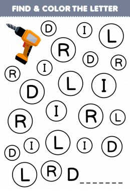 Education game for children find and color letter D for drill printable tool worksheet