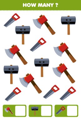 Education game for children searching and counting how many objects of cute cartoon axe hammer saw printable tool worksheet