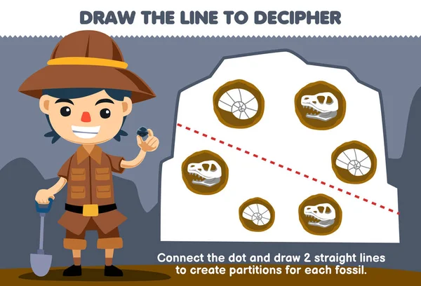 Education Game Children Help Cute Archaeologist Draw Lines Separate Fossil —  Vetores de Stock