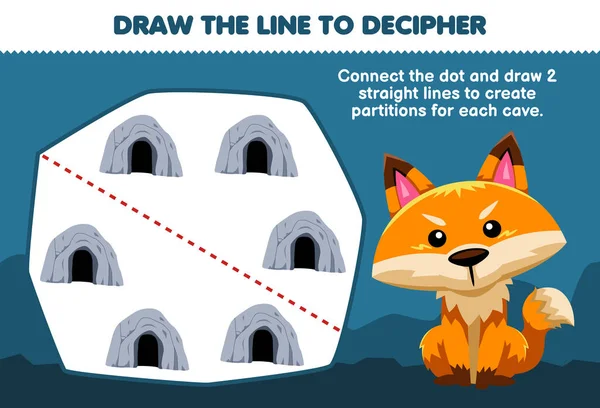 Education Game Children Help Cute Fox Draw Lines Separate Cave — Wektor stockowy