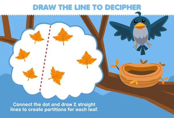 子供のための教育ゲームはかわいい鳥が別のカエデの葉の印刷可能な自然ワークシートに線を描くのを助ける — ストックベクタ