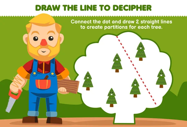 子供のための教育ゲームは 大工が松の木の印刷可能な自然ワークシートを分離するために線を描くのを助ける — ストックベクタ