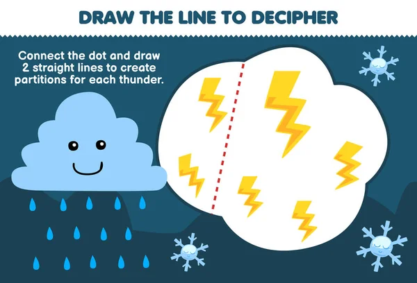 子供のための教育ゲームは 可愛い雨の雲が雷印刷可能な自然ワークシートを分離するために線を描くのを助ける — ストックベクタ