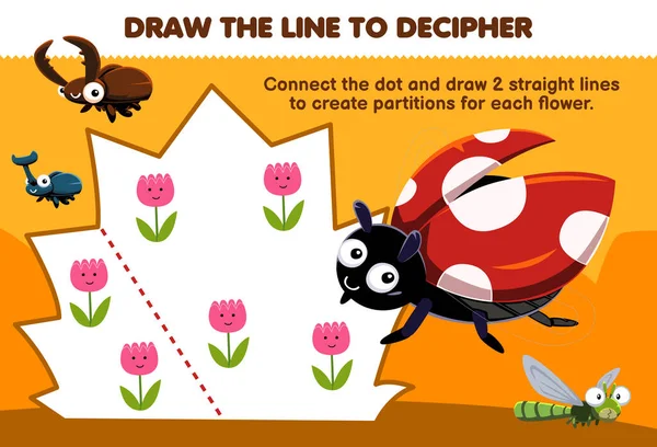 子供のための教育ゲームは 可愛い虫が花の印刷可能な自然ワークシートを分離するために線を描くのを助ける — ストックベクタ