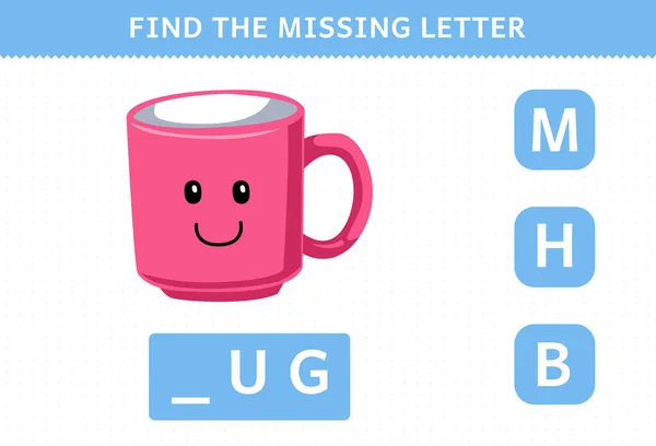Education Game Children Find Missing Letter Cute Cartoon Mug Printable — Stock Vector