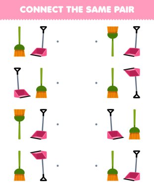 Education game for children connect the same picture of cute cartoon broom and dust pan pair printable tool worksheet