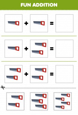 Education game for children fun addition by cut and match of cute cartoon saw pictures for printable tool worksheet