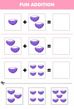 Education game for children fun addition by cut and match of cute cartoon bowl pictures for printable tool worksheet