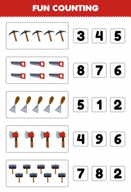 Education game for children fun counting and choosing the correct number of cute cartoon pickaxe saw chisel axe hammer printable tool worksheet