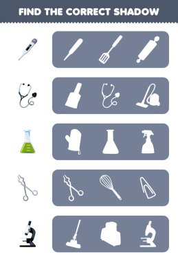 Education game for children find the correct shadow silhouette of cute cartoon thermometer stethoscope beaker scissor microscope printable tool worksheet