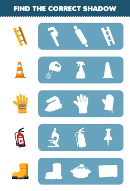 Education game for children find the correct shadow silhouette of cute cartoon ladder traffic cone glove extinguisher boot printable tool worksheet