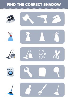 Education game for children find the correct shadow silhouette of cute cartoon iron sprayer vacuum cleaner washing machine mop printable tool worksheet