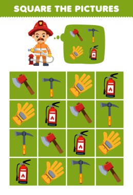 Education game for children help cute cartoon firefighter square the correct extinguisher glove axe set picture printable tool worksheet