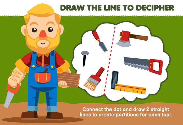 Education Game Children Help Man Draw Lines Separate Carpenter Equipment —  Vetores de Stock