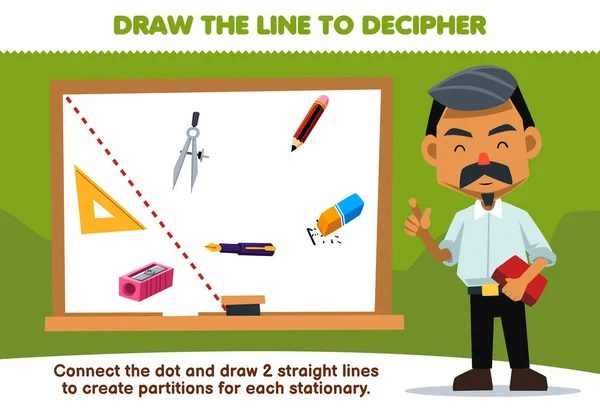 Education Game Children Help Teacher Draw Lines Separate Stationary Tool —  Vetores de Stock