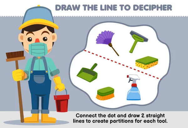 Education Game Children Help Janitor Draw Lines Separate Cleaning Equipment —  Vetores de Stock