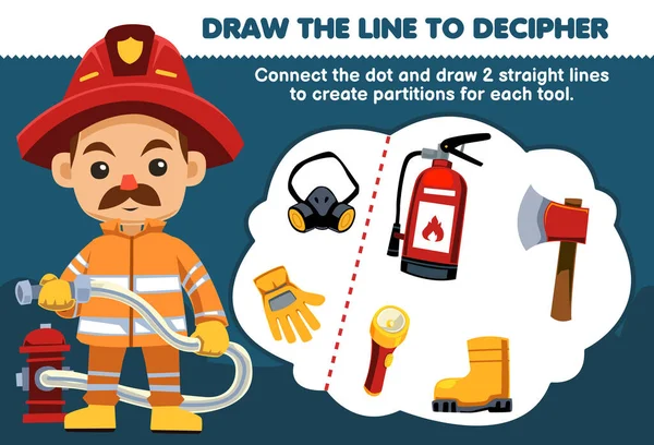 子供のための教育ゲームは消防士が救助装置印刷可能なツールワークシートを分離するためにラインを描くのを助ける — ストックベクタ