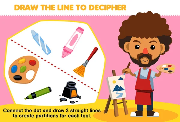 Education Game Children Help Painter Draw Lines Separate Painting Equipment — Wektor stockowy