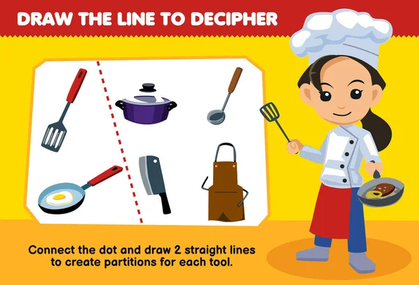Education Game Children Help Chef Draw Lines Separate Kitchen Sets — Wektor stockowy