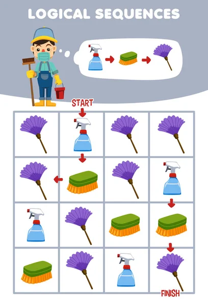 Education Game Children Logical Sequence Help Janitor Sort Sprayer Brush — ストックベクタ