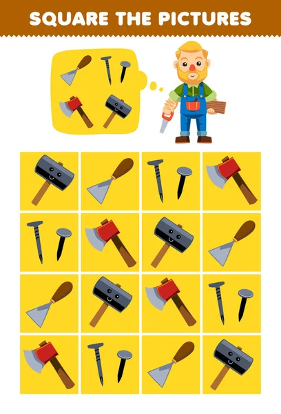 stock vector Education game for children help cute cartoon carpenter square the correct chisel nail axe hammer set picture printable tool worksheet