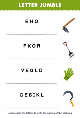 Education game for children letter jumble write the correct name for cute cartoon hoe fork glove sickle printable tool worksheet