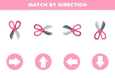 Education game for children match by direction left right up or down orientation of cute cartoon scissor printable tool worksheet