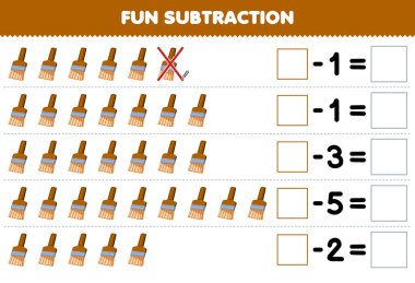 Education game for children fun subtraction by counting cute cartoon brush in each row and eliminating it printable tool worksheet