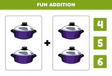 Education game for children fun addition by count and choose the correct answer of cute cartoon pot printable tool worksheet