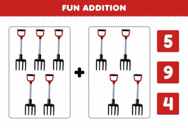 Education game for children fun addition by count and choose the correct answer of cute cartoon fork printable tool worksheet