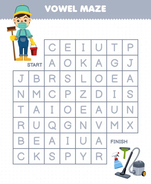 Education Game Children Vowel Maze Help Cute Cartoon Janitor Move — Stock Vector