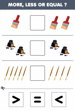 Education game for children count more less or equal of cartoon brush and ink then cut and glue the correct sign tool worksheet