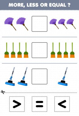 Education game for children count more less or equal of cartoon duster broom mop then cut and glue the correct sign tool worksheet