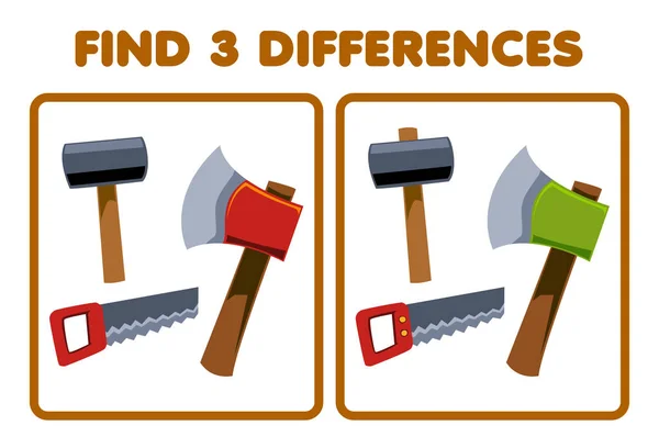 Education Game Children Find Three Differences Two Cute Cartoon Hammer — ストックベクタ