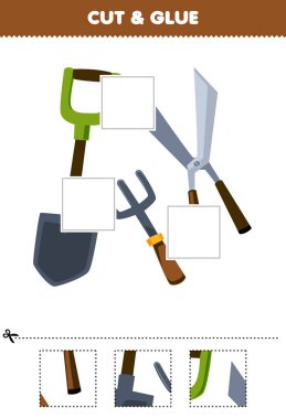Çocuklar için eğitim oyunu kesme ve yapıştırma sevimli çizgi film kürek çatal parçaları ve resim yazdırılabilir çalışma tablosu makaslama