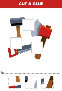 Çocuklar için eğitim oyunu kesme ve yapıştırma sevimli karikatür çekiç baltası parçaları ve resim basılabilir araç çalışma tablosu