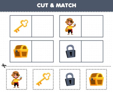 Çocuklar için eğitim oyunu kes ve eşleştir aynı karikatür karikatürü hazine sandığı anahtar kilidi yazılabilir korsan çalışma tablosu